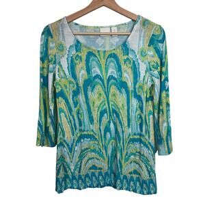 Chico's Turquoise Abstract‎ Print 3/4 Sleeve Scoop Neck Top Size 0 (US Small)